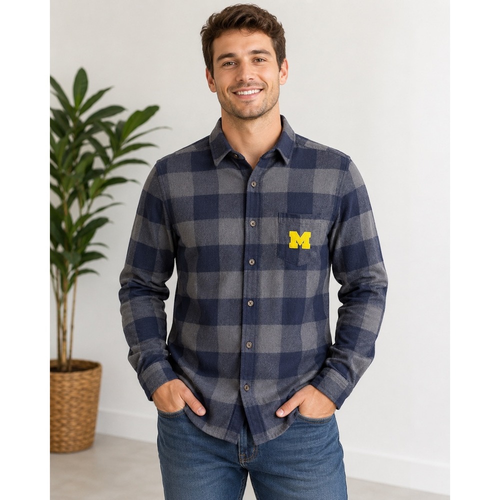 Colosseum Mens Size Large Michigan Wolverines Flannel Shirt Gray Blue Plaid